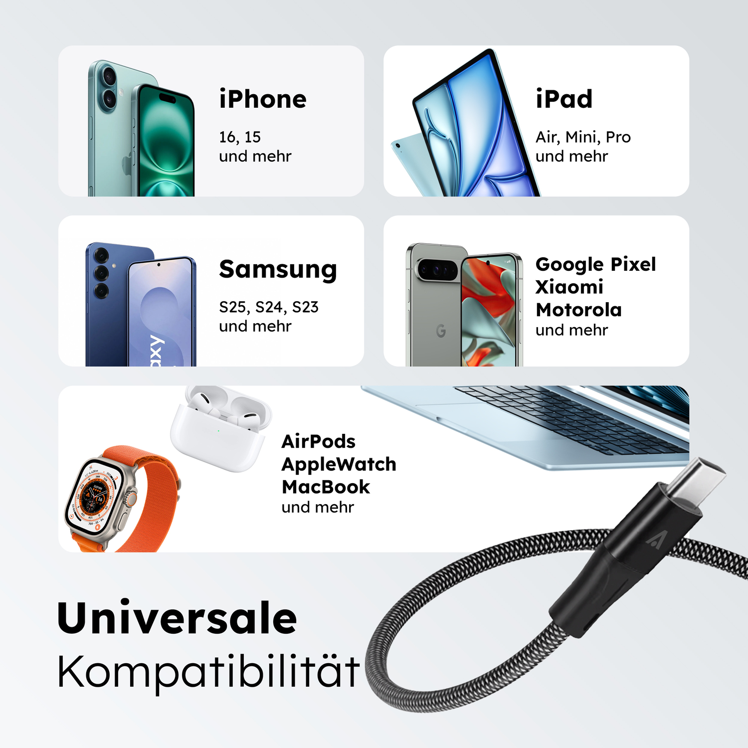 alkaya. | Speed Flex | Magnetisches Datenkabel | Geflochten | USB C+C, schwarz, 1 Meter