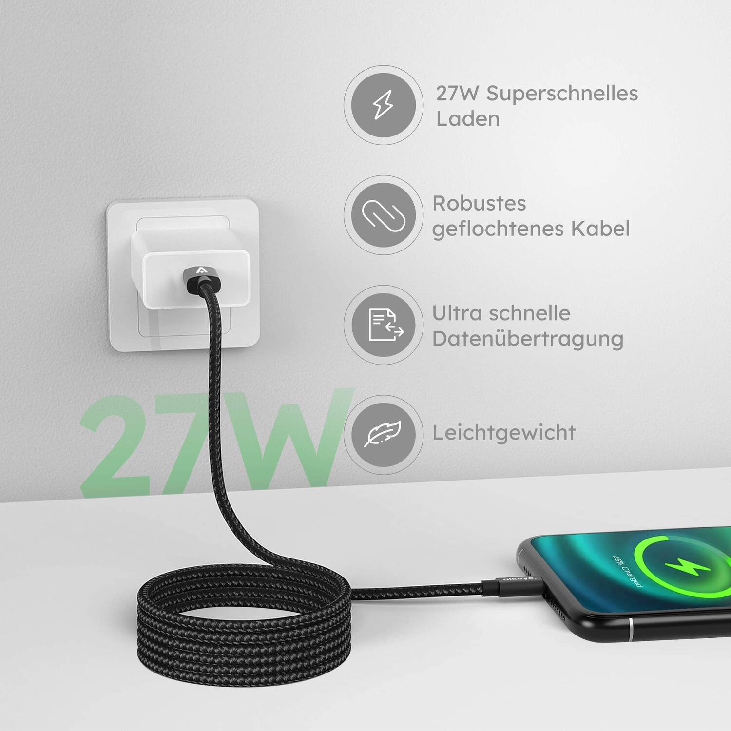 alkaya. | Speed Flex | Datenkabel | Geflochten | USB C+L 2m, Schwarz