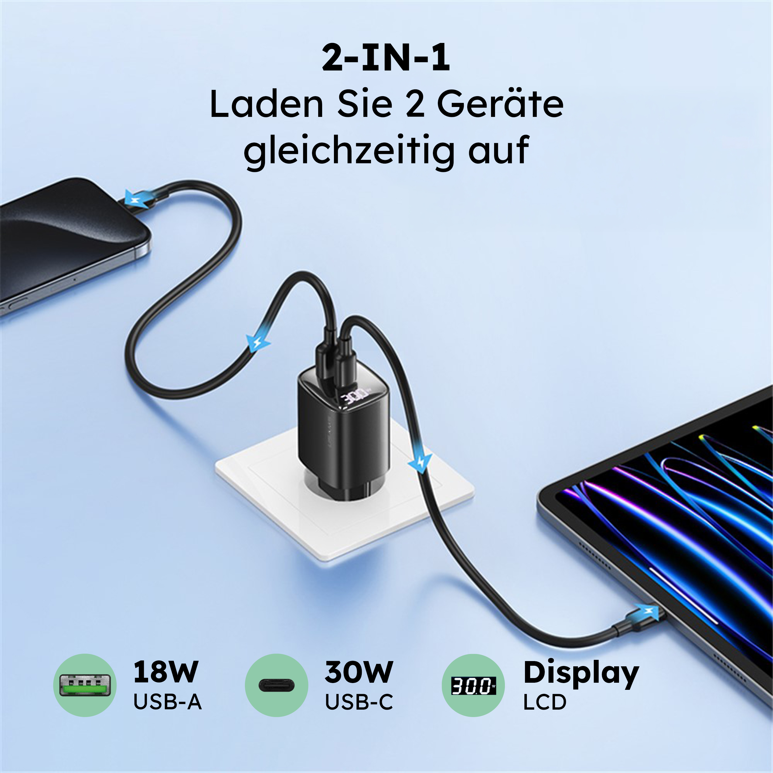 alkaya. | Nexus Charger | 30W. GaNTechnology Digital Display. Black