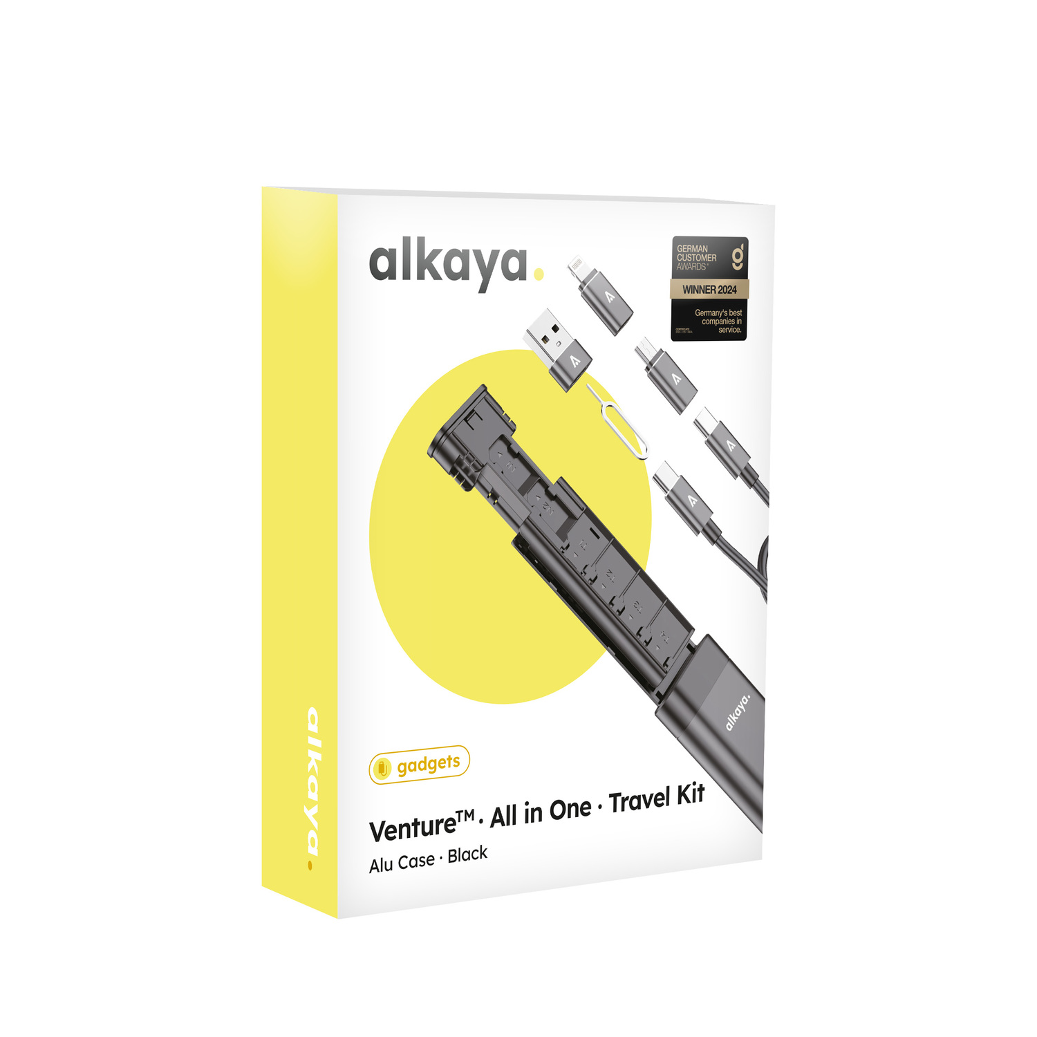 alkaya. | Venture | Travel Kit - Aluminium Gehäuse mit Kabel und Adaptern für alle Anschlüsse inkl Stand