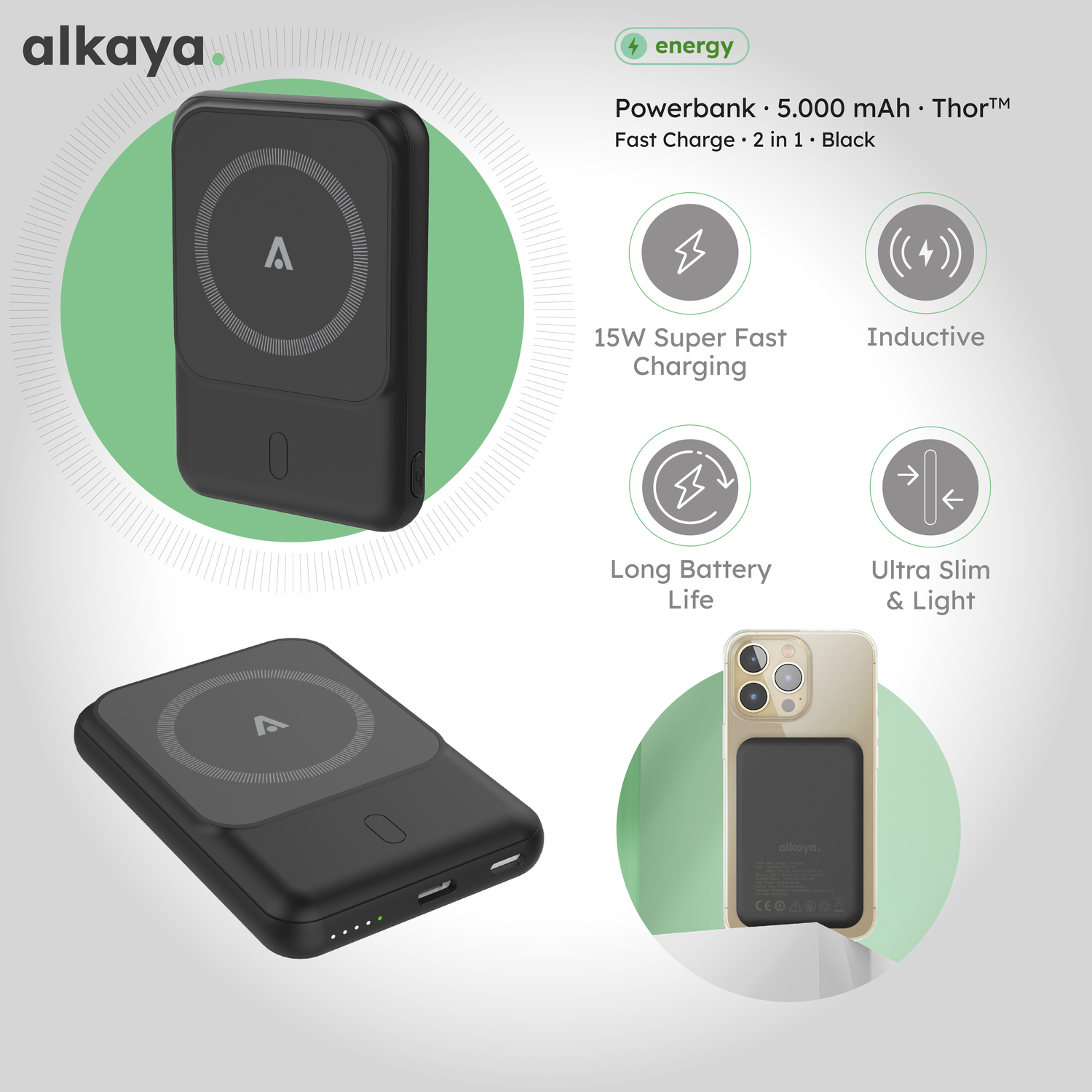 alkaya. | Thor | 5.000 mAh Powerbank Slim | Induktives Laden, unterstützt MagSafe-Technologie + USB-A und USB-C Ports