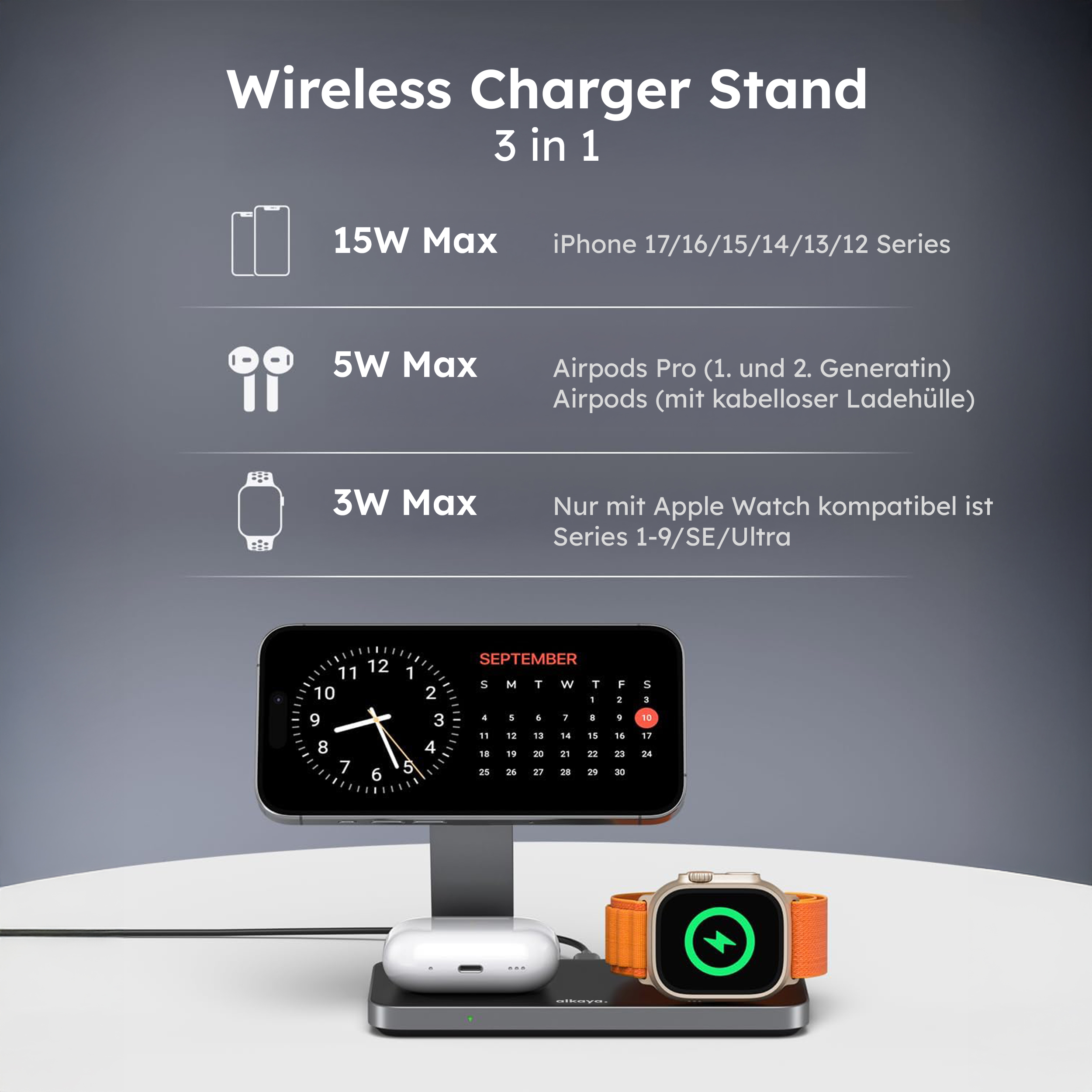 alkaya. | Tripod Wireless Ladestation - 3 in 1 | (Phone, Watch, Headset), Black