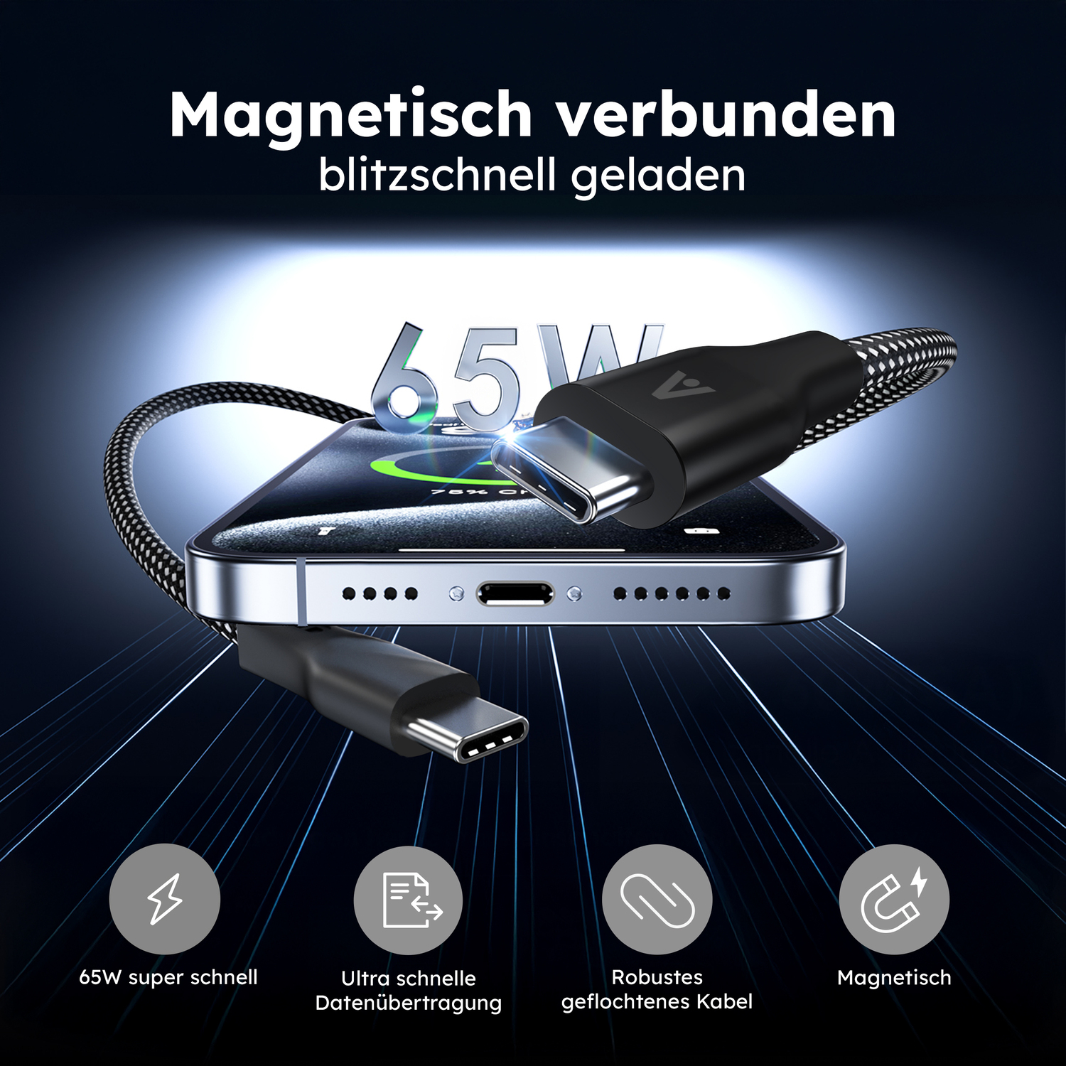 alkaya. | Speed Flex | Magnetisches Datenkabel | Geflochten | USB C+C, schwarz, 1 Meter