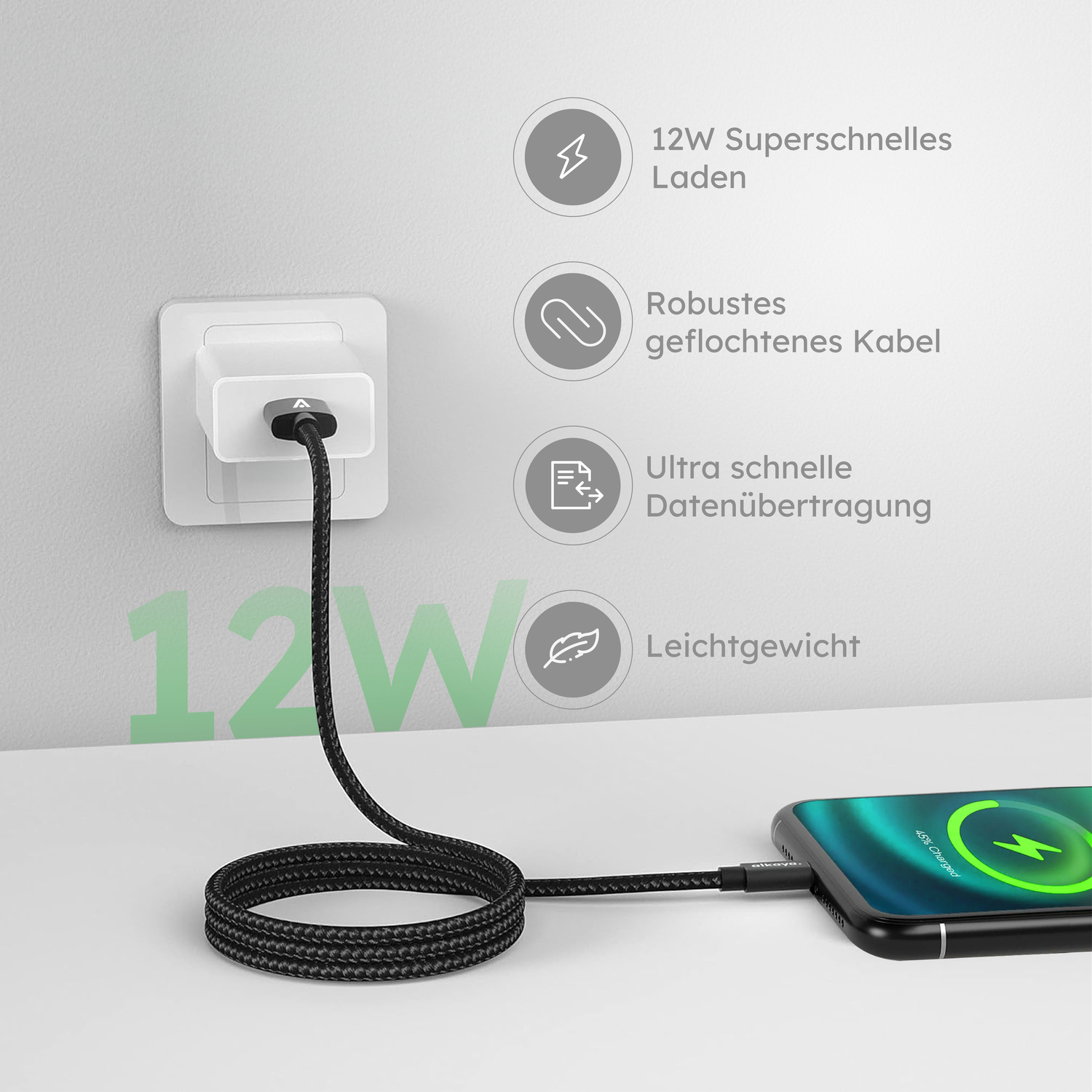 alkaya. | Speed Flex | Datenkabel | Geflochten | USB A+L schwarz, 1Meter