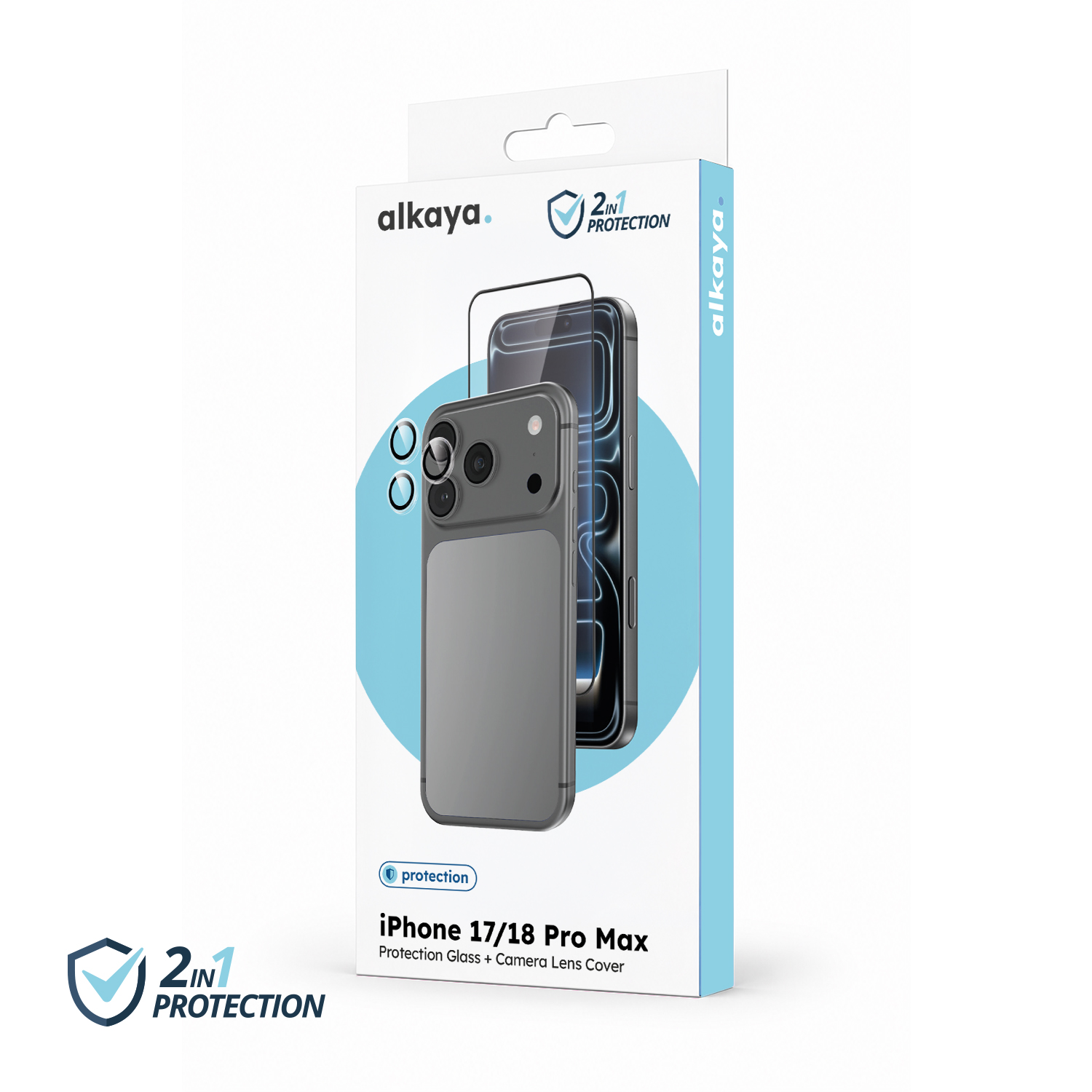alkaya. | 2 In 1 A Shield | Displayschutzglas + Kameraschutzglas transparent, iPhone 17 Pro Max/18 Pro Max