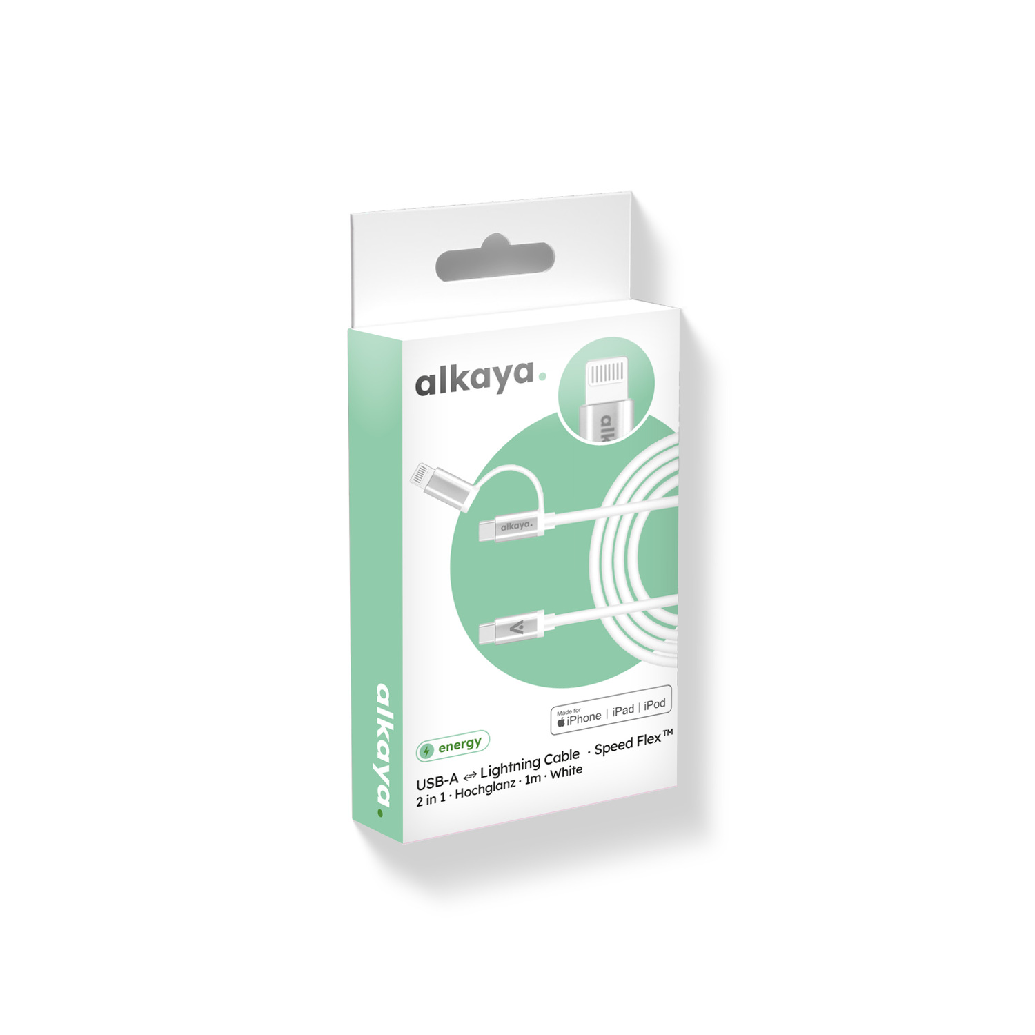 alkaya. | Speed Flex | 2 in 1 Datenkabel | Hochglanz | USB C+C+L Weiß, 1 Meter