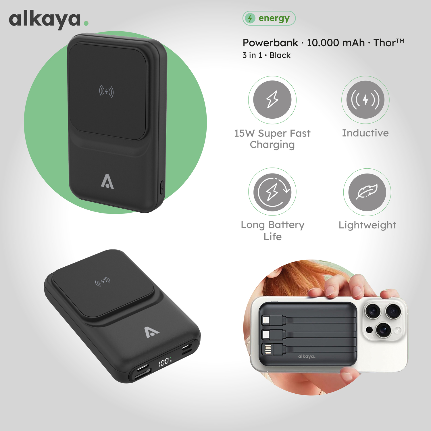 alkaya. | Thor | 10.000 mAh Powerbank 3 in 1: Induktives Laden, unterstützt MagSafe-Technologie, schwarz