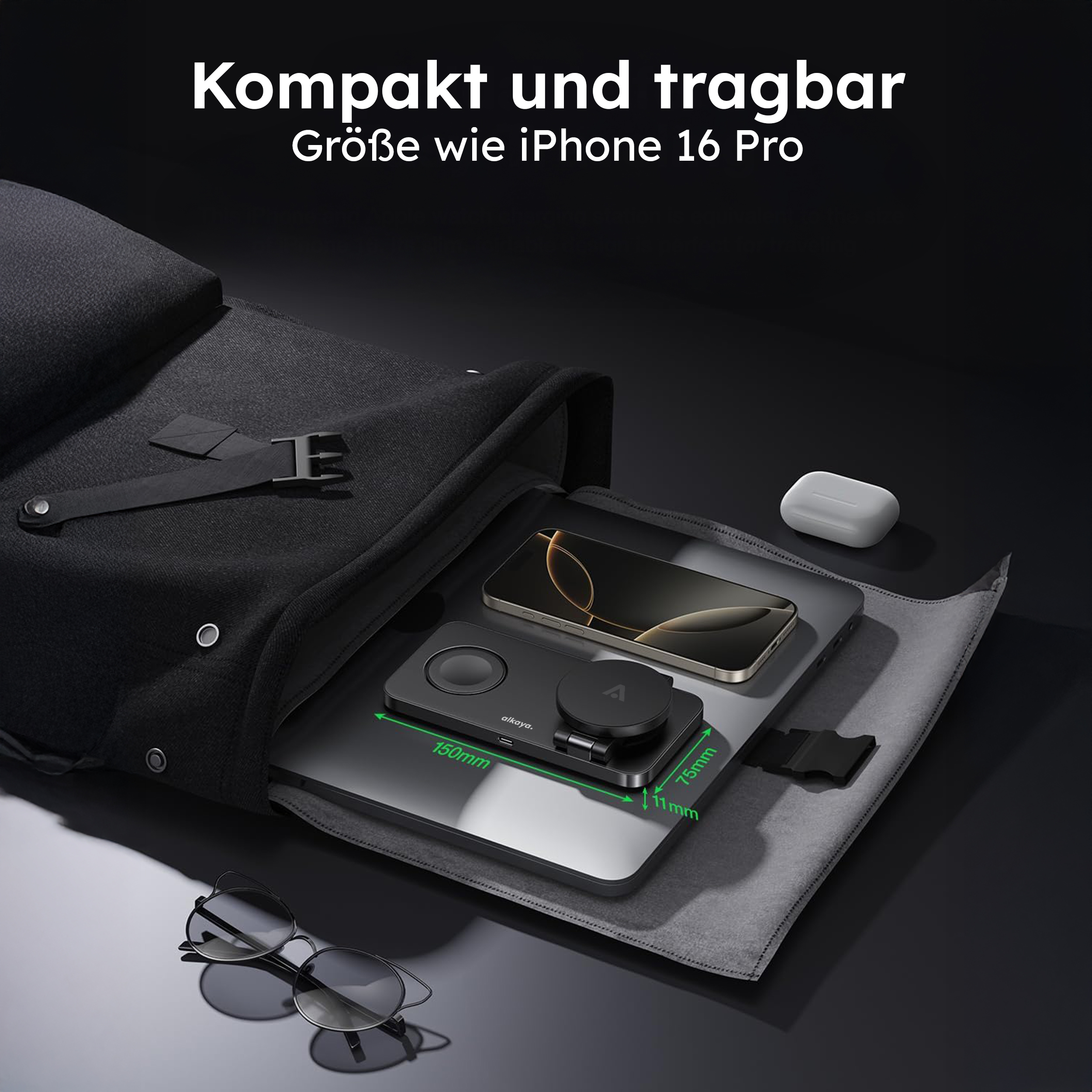 alkaya. | Tripod Wireless Ladestation - 3 in 1 | (Phone, Watch, Headset), Black