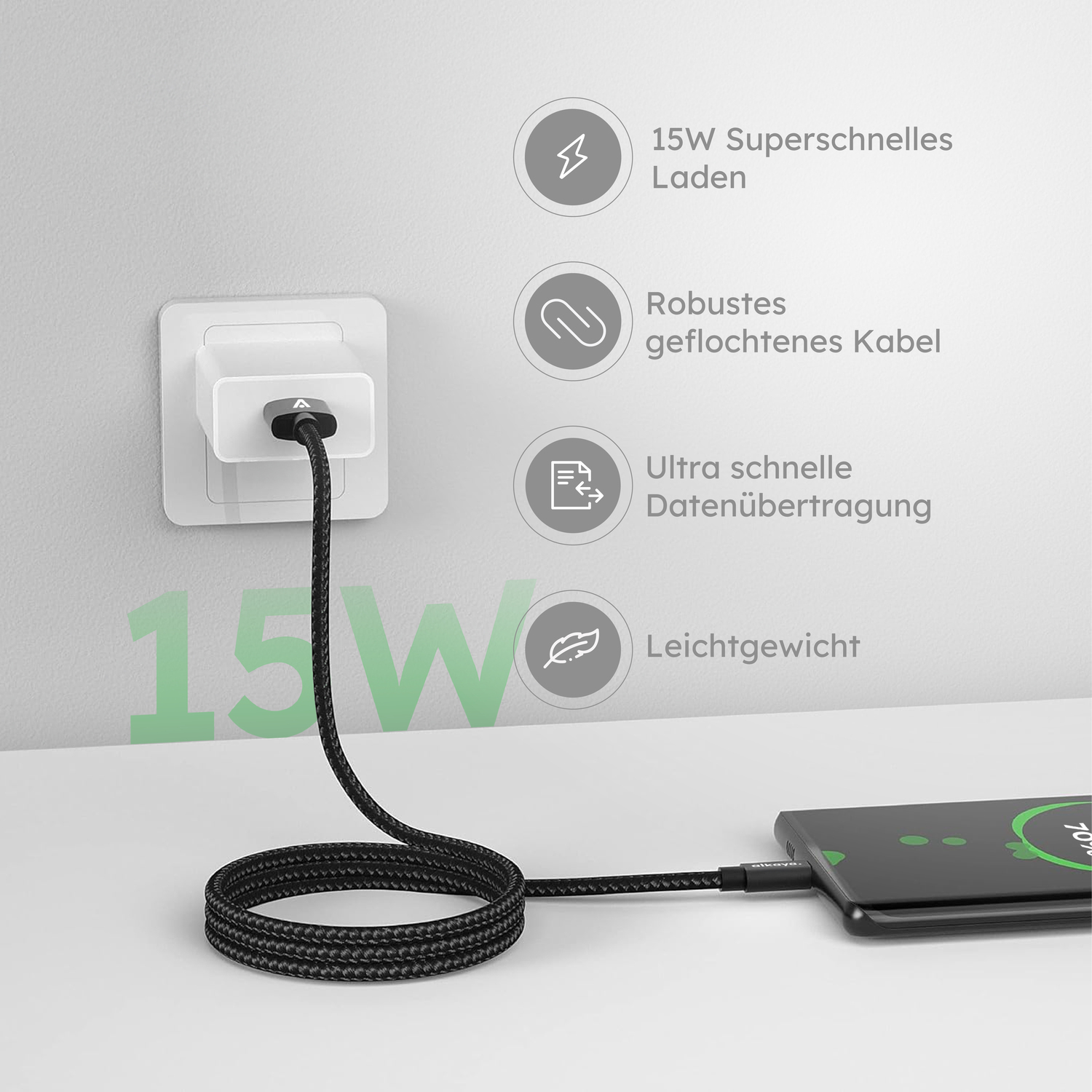 alkaya. | Speed Flex | Datenkabel | Geflochten | USB A+C schwarz, 1Meter