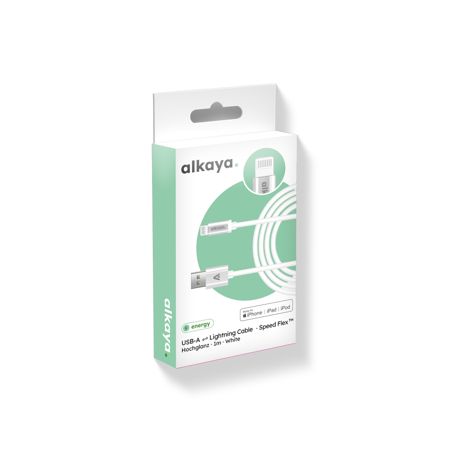 alkaya. | Speed Flex | 2 in 1 Datenkabel | Hochglanz | USB A+L Weiß, 1 Meter