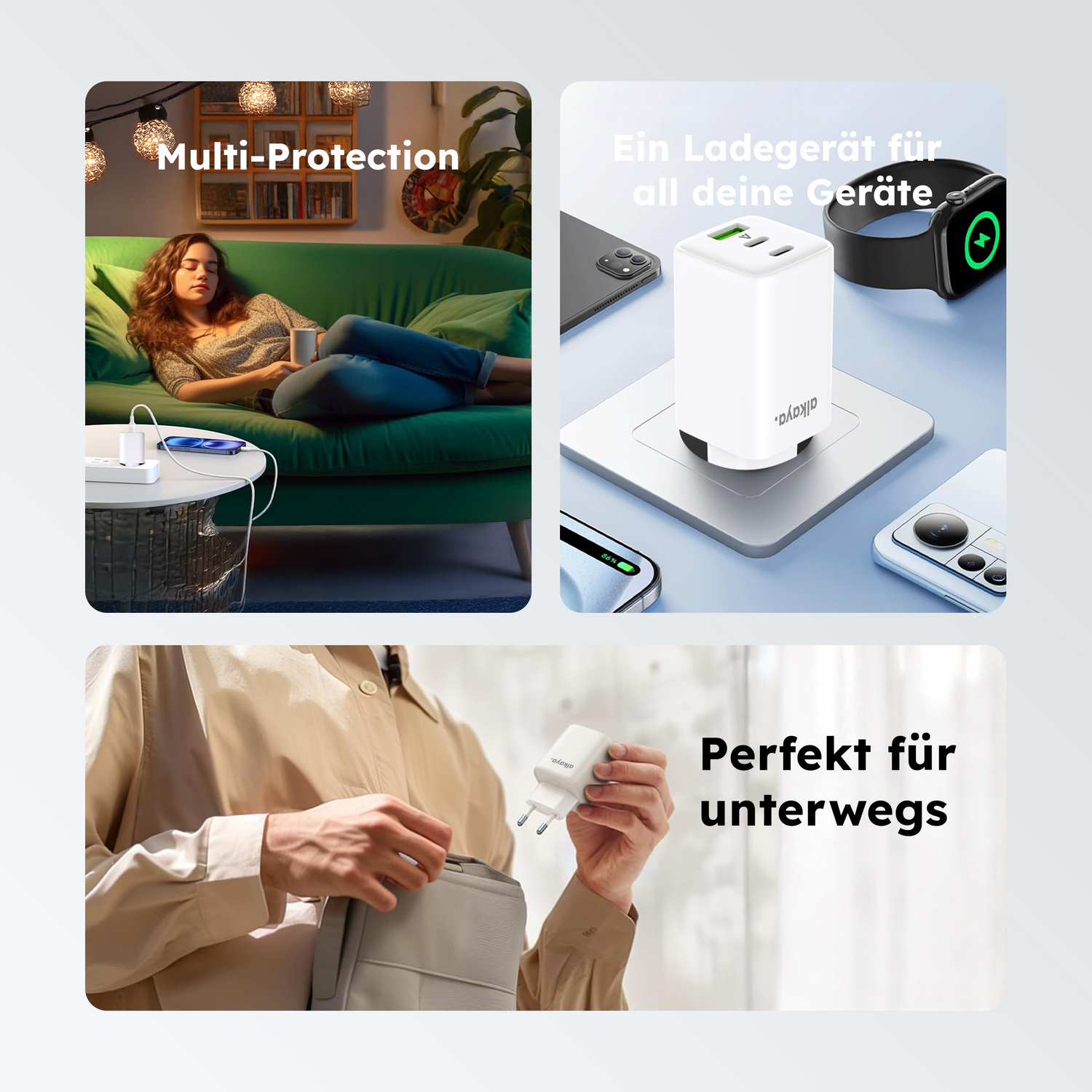 alkaya. | NEXUS | Ladegerät mit GaN Technologie | 65W Weiß, USB C+C+A