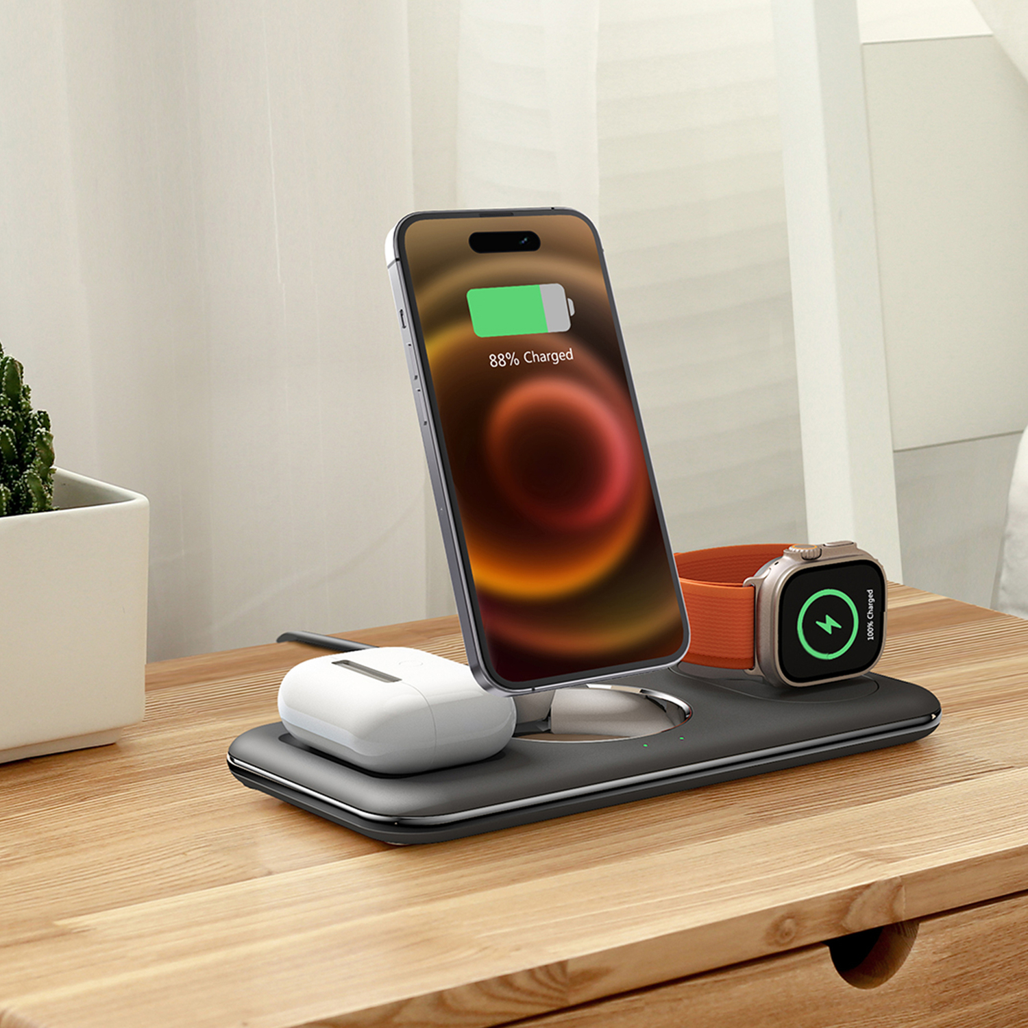 alkaya. | Trifector | 3 in 1 Wireless Ladestation: Handy, Apple Watch und Headset, Kompatibel mit MagSafe-Zubehör, schwarz