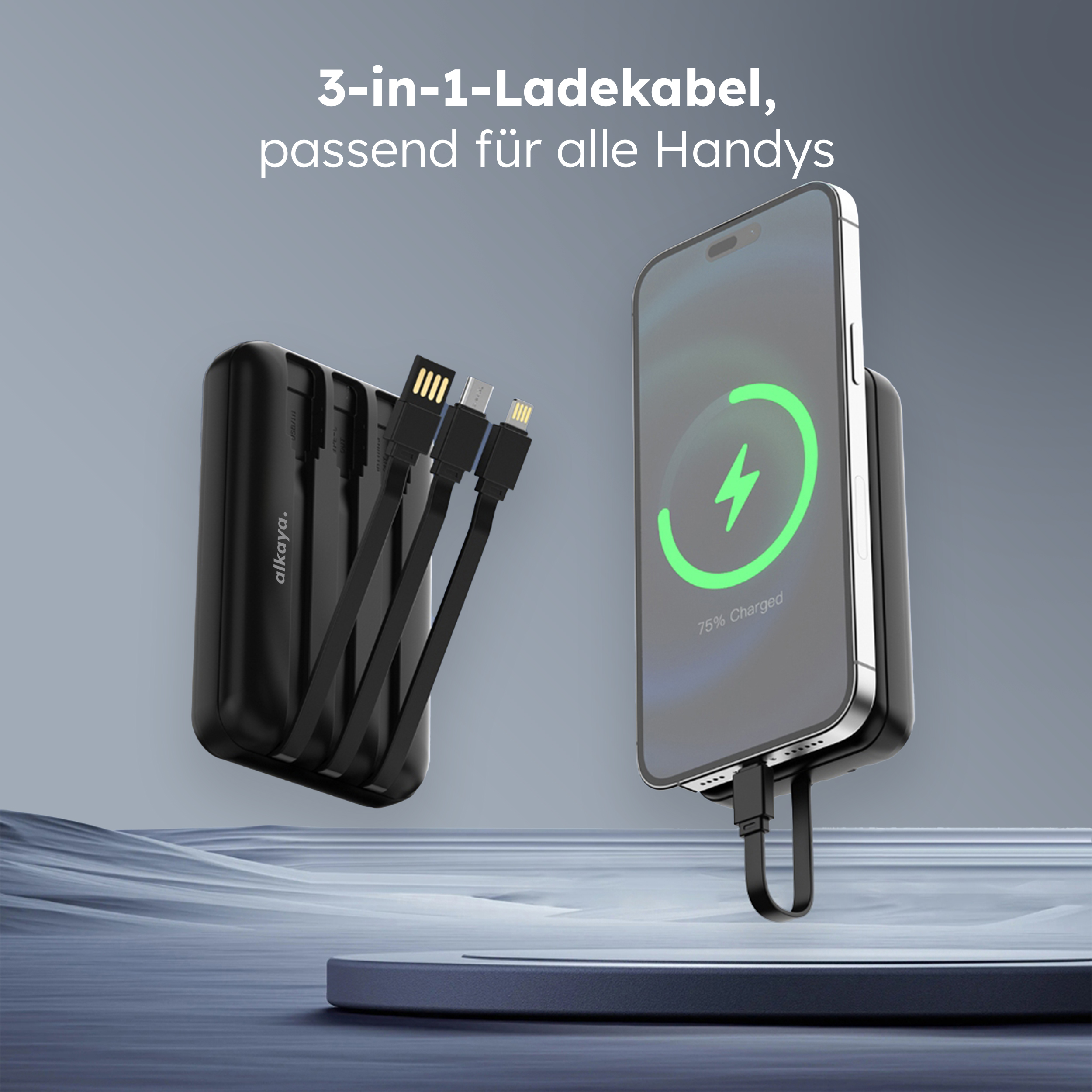 alkaya. | Thor | 10.000 mAh Powerbank 3 in 1: Induktives Laden, unterstützt MagSafe-Technologie, schwarz
