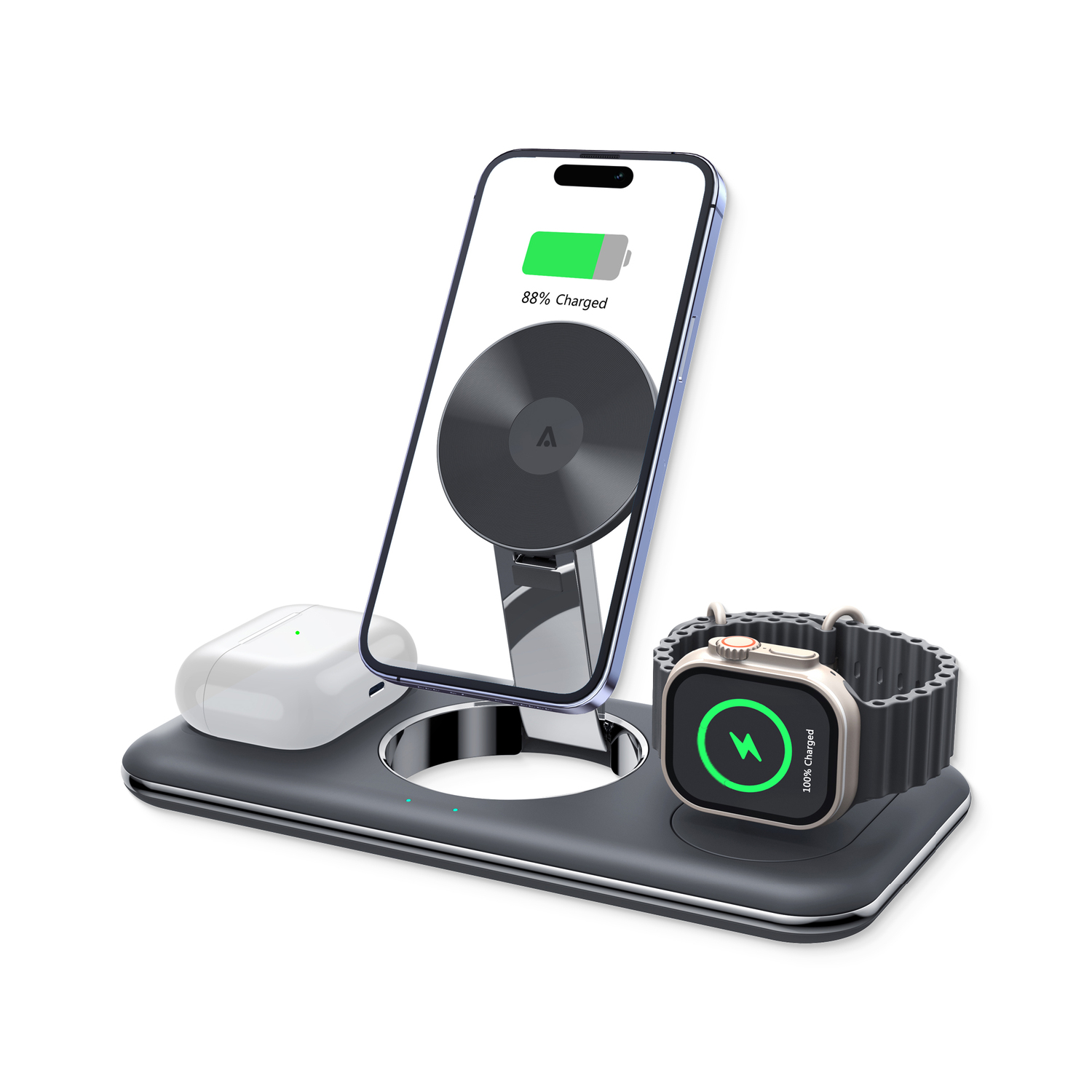 alkaya. | Trifector | 3 in 1 Wireless Ladestation: Handy, Apple Watch und Headset, Kompatibel mit MagSafe-Zubehör, schwarz
