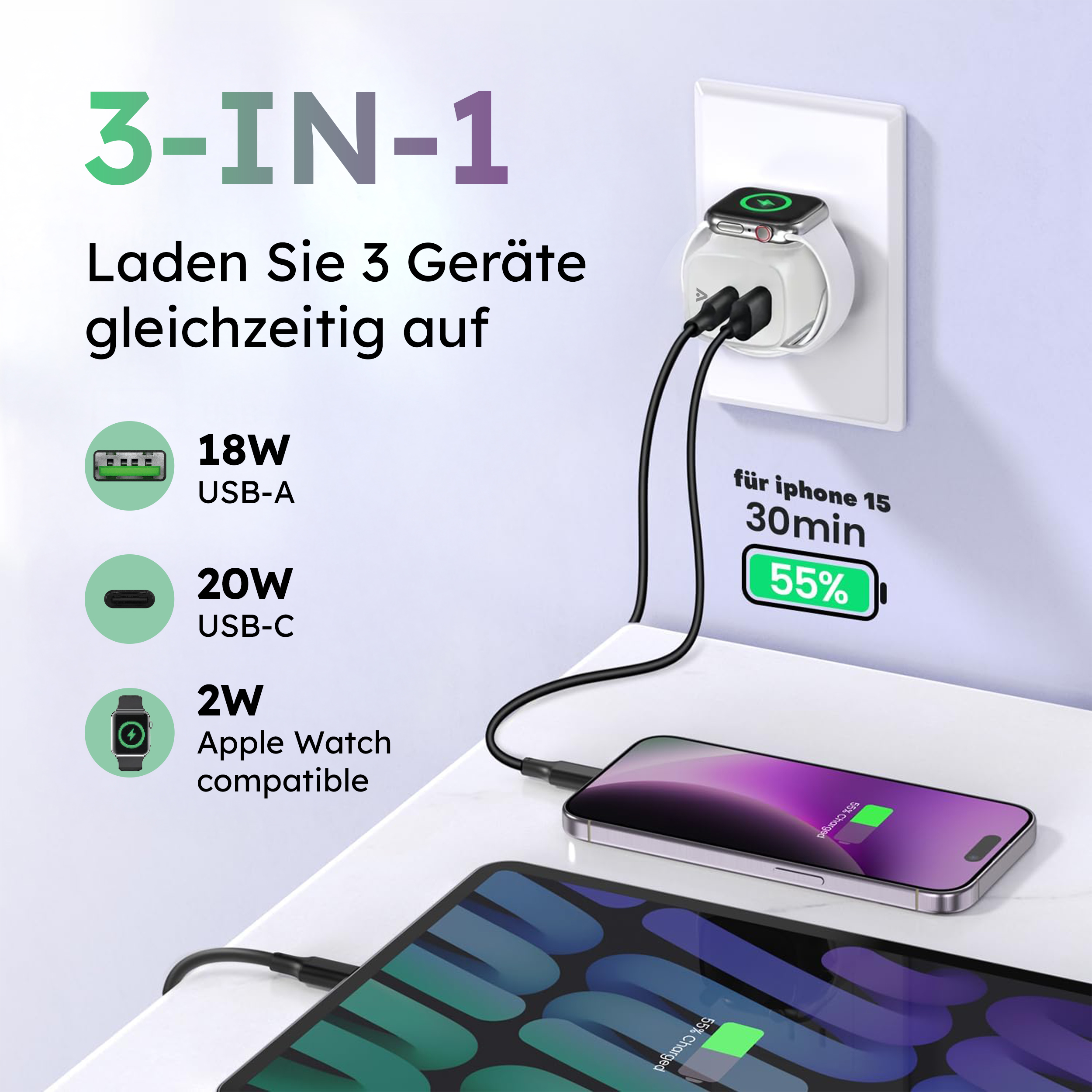 alkaya. | Nexus 3in1 Charger | 22W. GaNTechnology Dual Port White