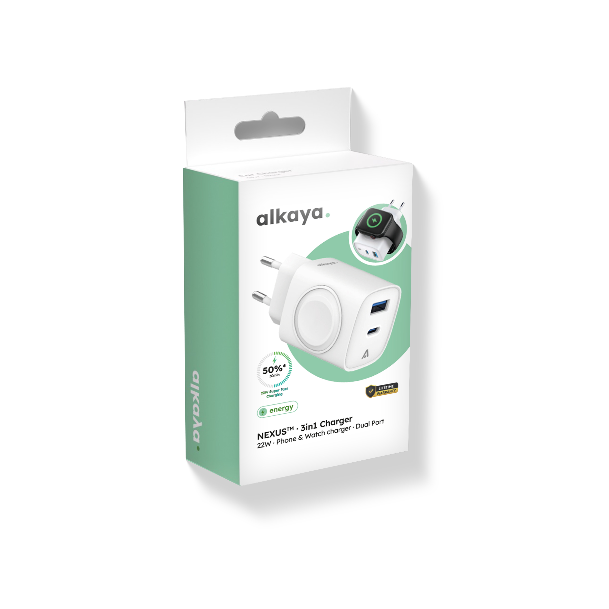 alkaya. | Nexus 3in1 Charger | 22W. GaNTechnology Dual Port White