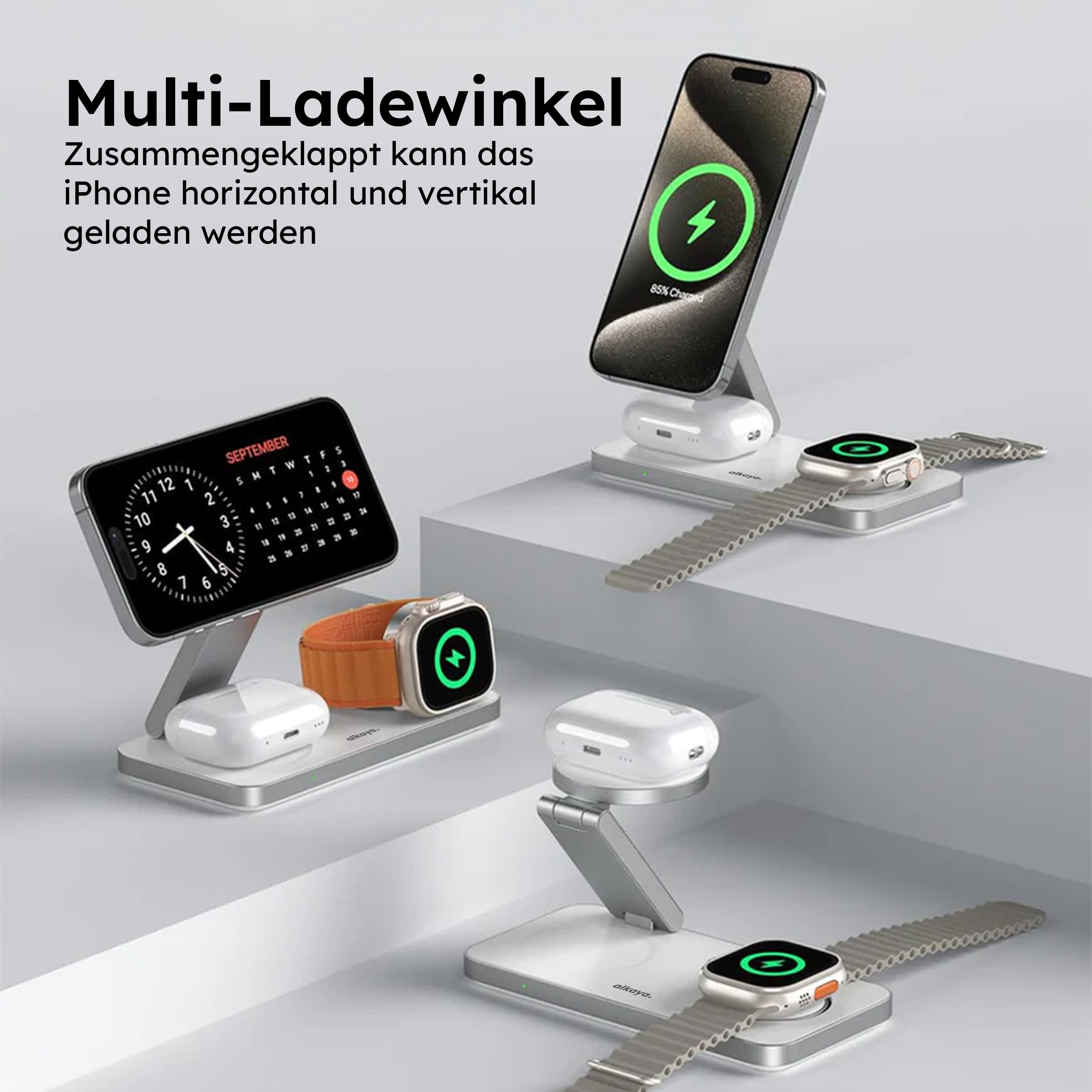 alkaya. | Tripod Wireless Ladestation - 3 in 1 | (Phone, Watch, Headset), White