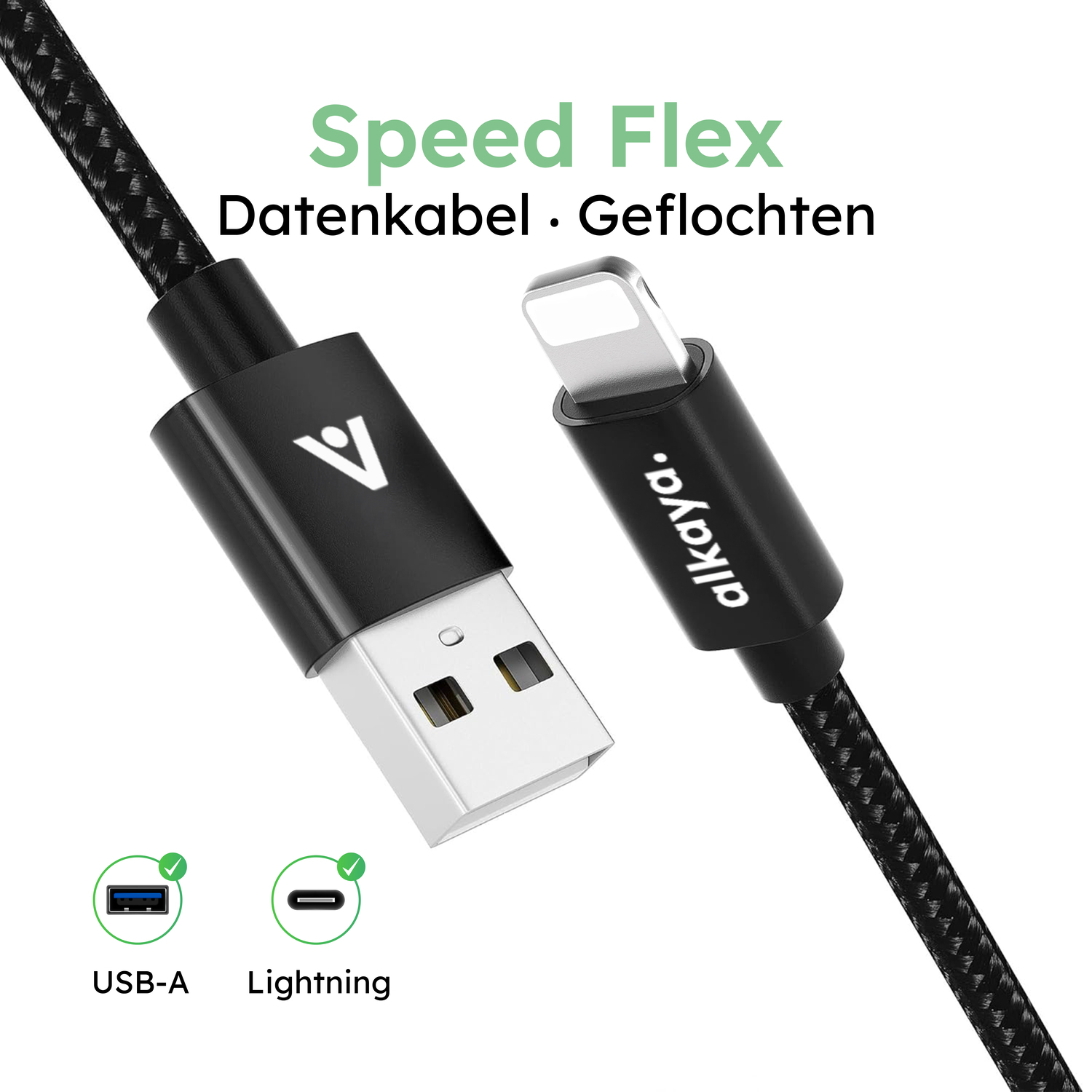 alkaya. | Speed Flex | Datenkabel | Geflochten | USB A+L schwarz, 1Meter