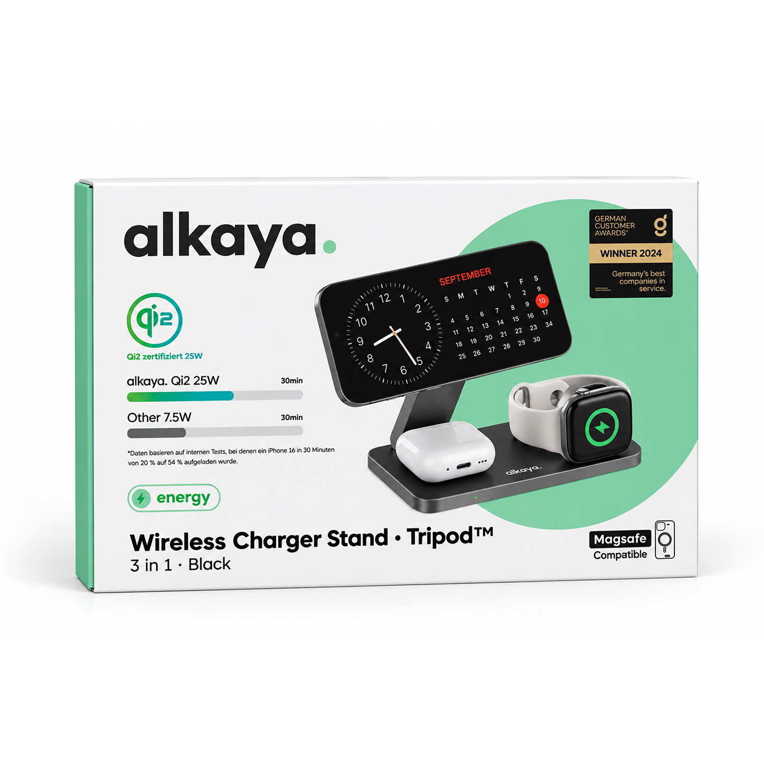 alkaya. | Tripod Wireless Ladestation - 3 in 1 | (Phone, Watch, Headset), Black