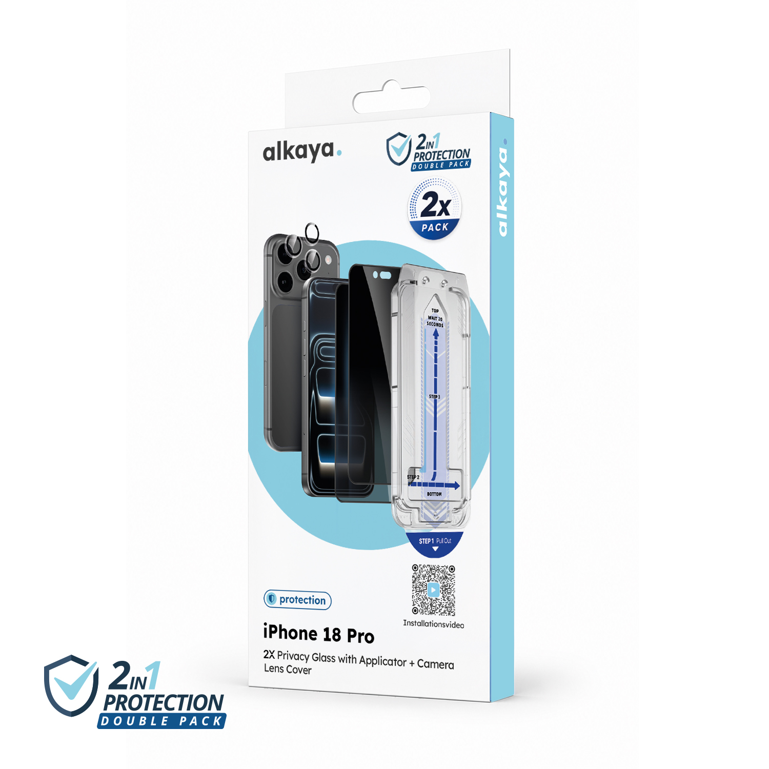 alkaya. | 2 In 1 A Shield | 2x Displayschutzglas mit Installation Kit + 1x Kameraschutzglas, privacy, iPhone 18 Pro