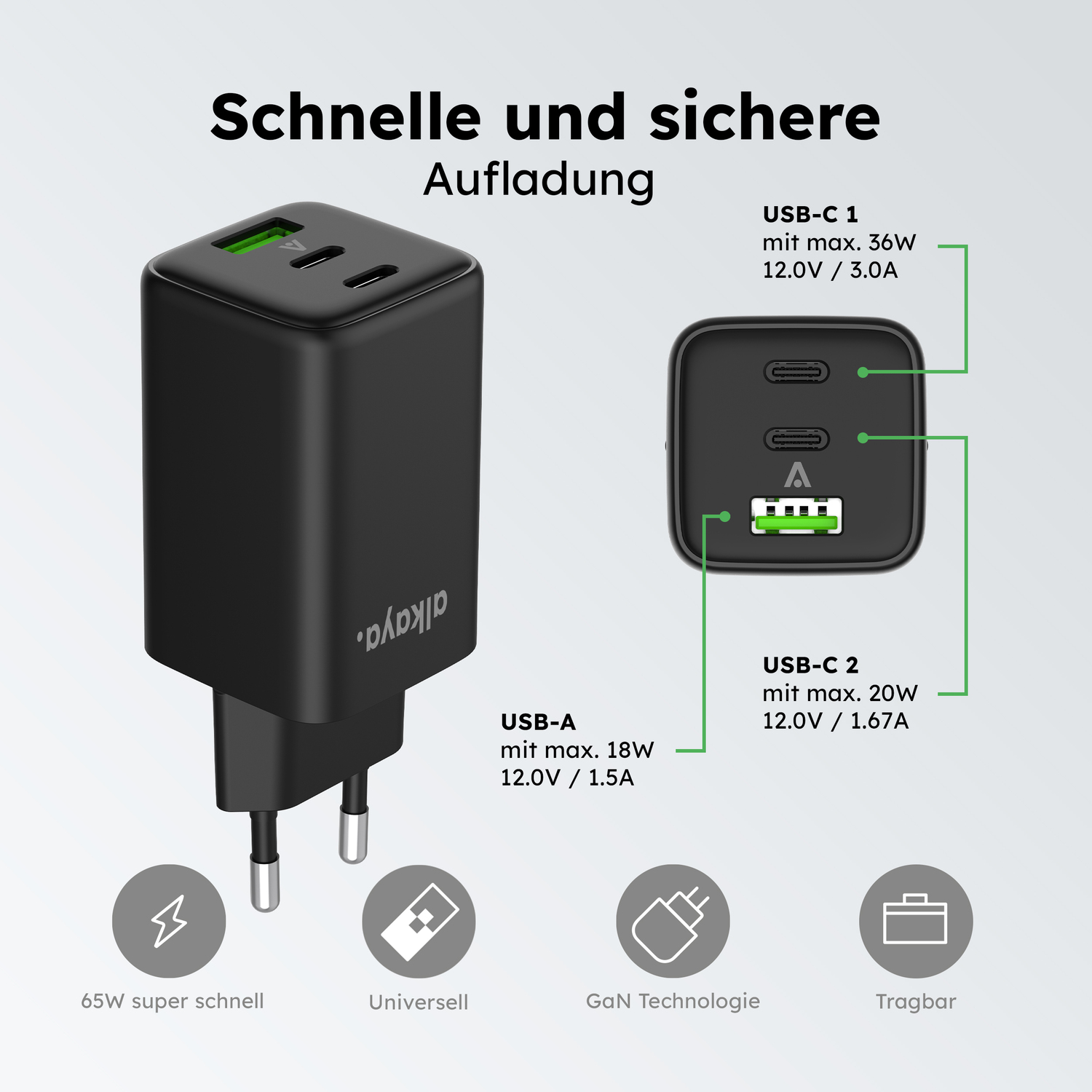 alkaya. | NEXUS | Ladegerät mit GaN Technologie | 65W Schwarz, USB C+C+A