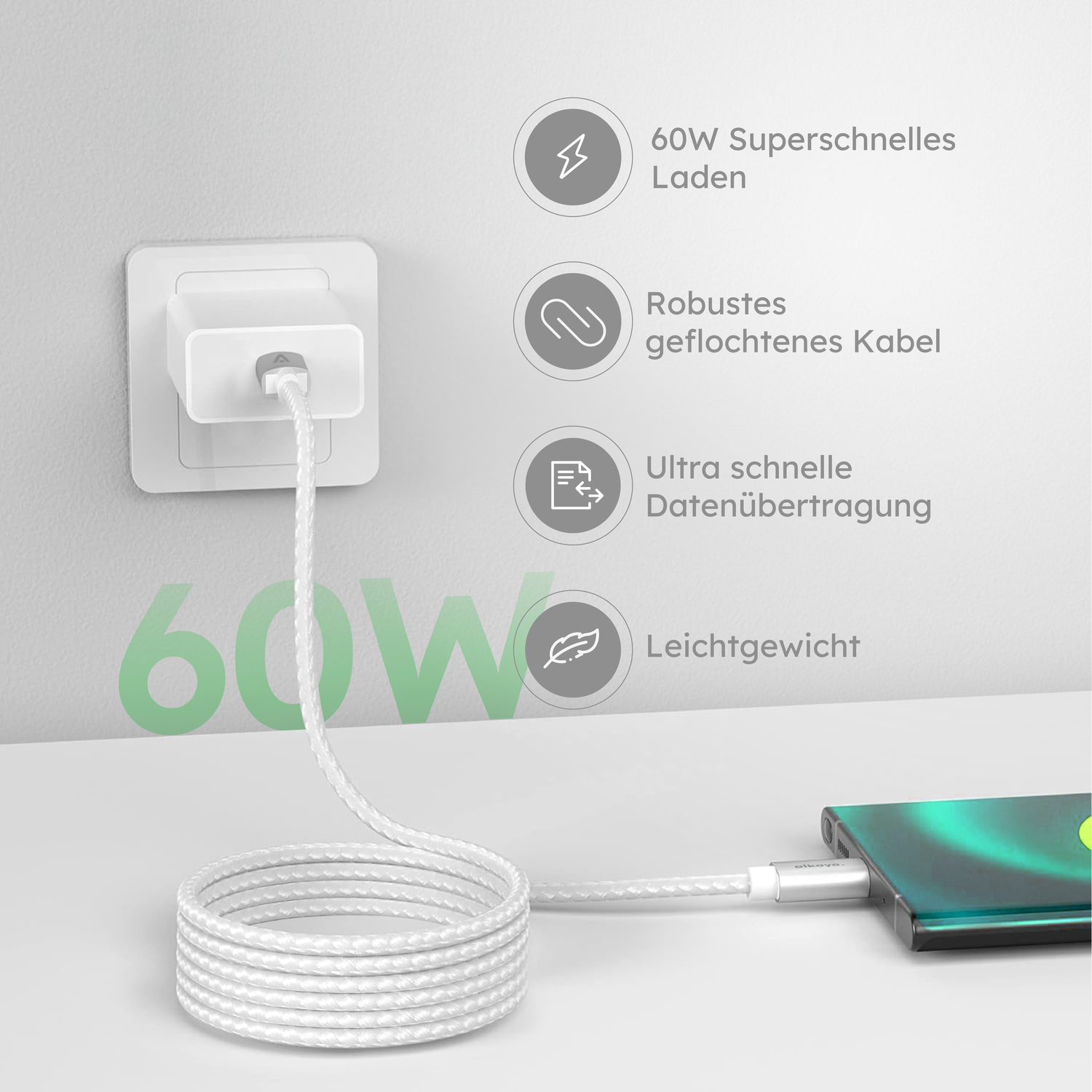 alkaya. | Speed Flex | Datenkabel | Geflochten | USB C+C 2m, Weiß