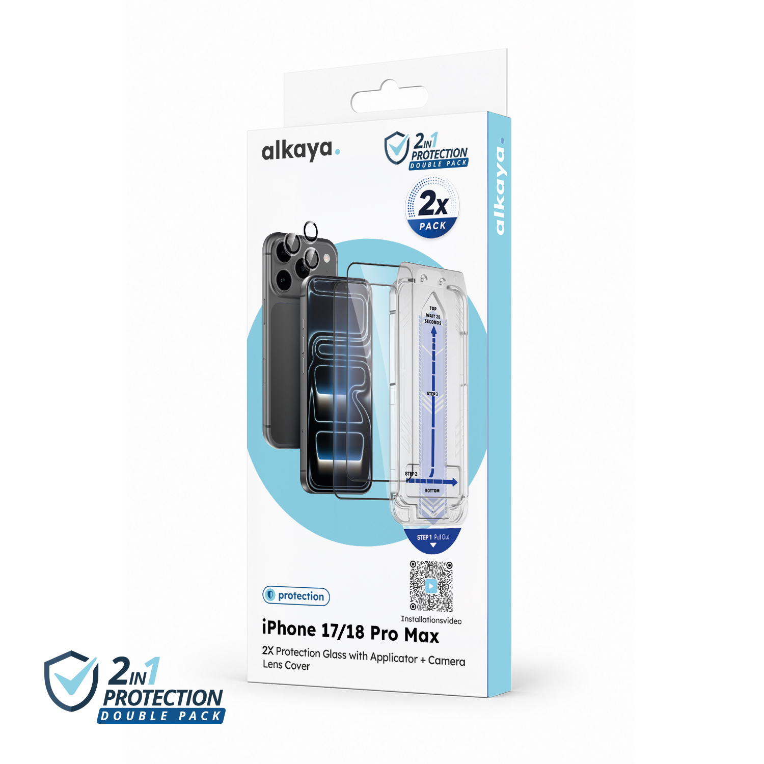 alkaya. | 2 In 1 A Shield | 2x Displayschutzglas mit Installation Kit + 1x Kameraschutzglas, transparent, iPhone 18 Pro Max