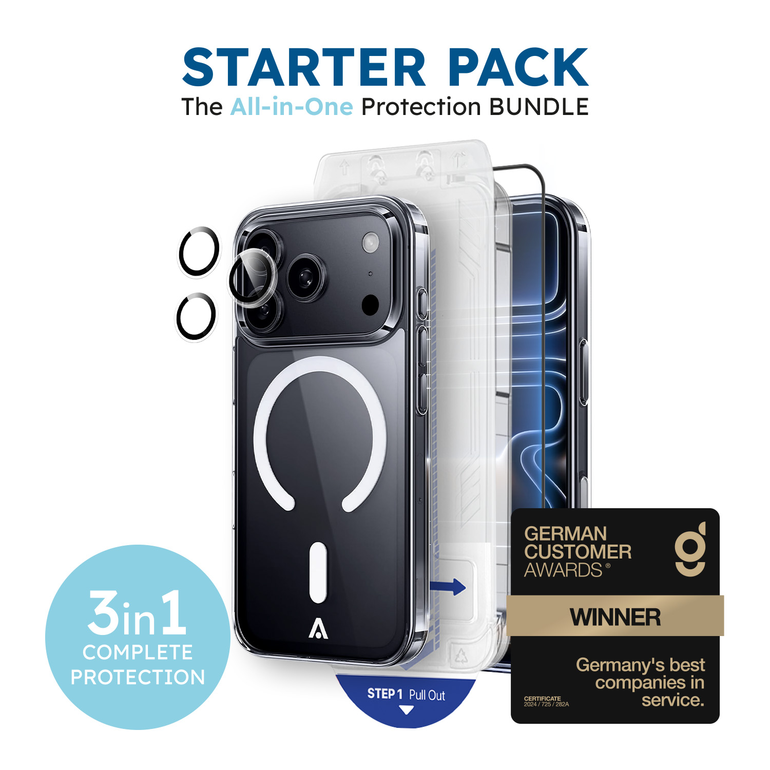 alkaya. | 3 In 1 A Shield | Clear Case + Displayschutzglas + Installation Kit + Kamerasschutzglas, iPhone 18 Pro/17 Pro