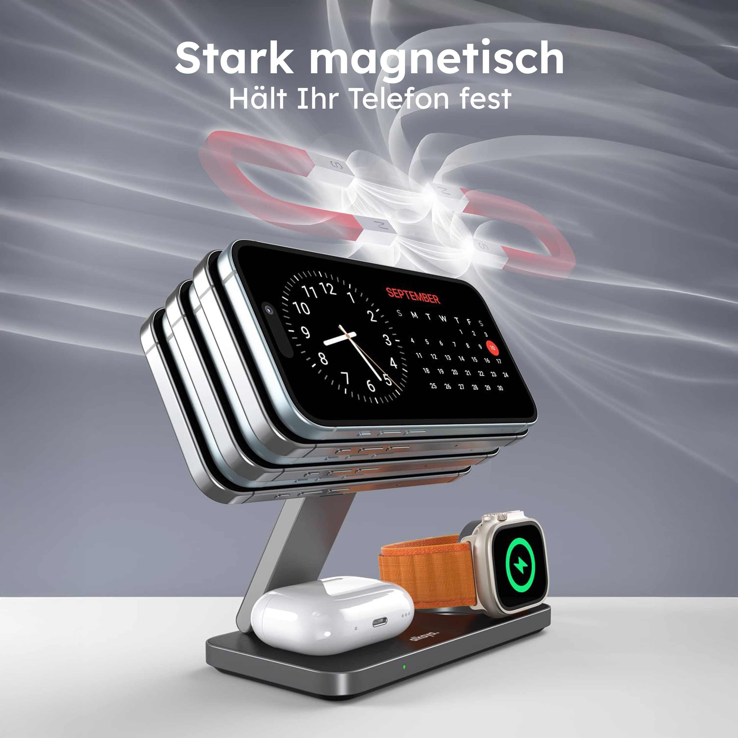 alkaya. | Tripod Wireless Ladestation - 3 in 1 | (Phone, Watch, Headset), Black