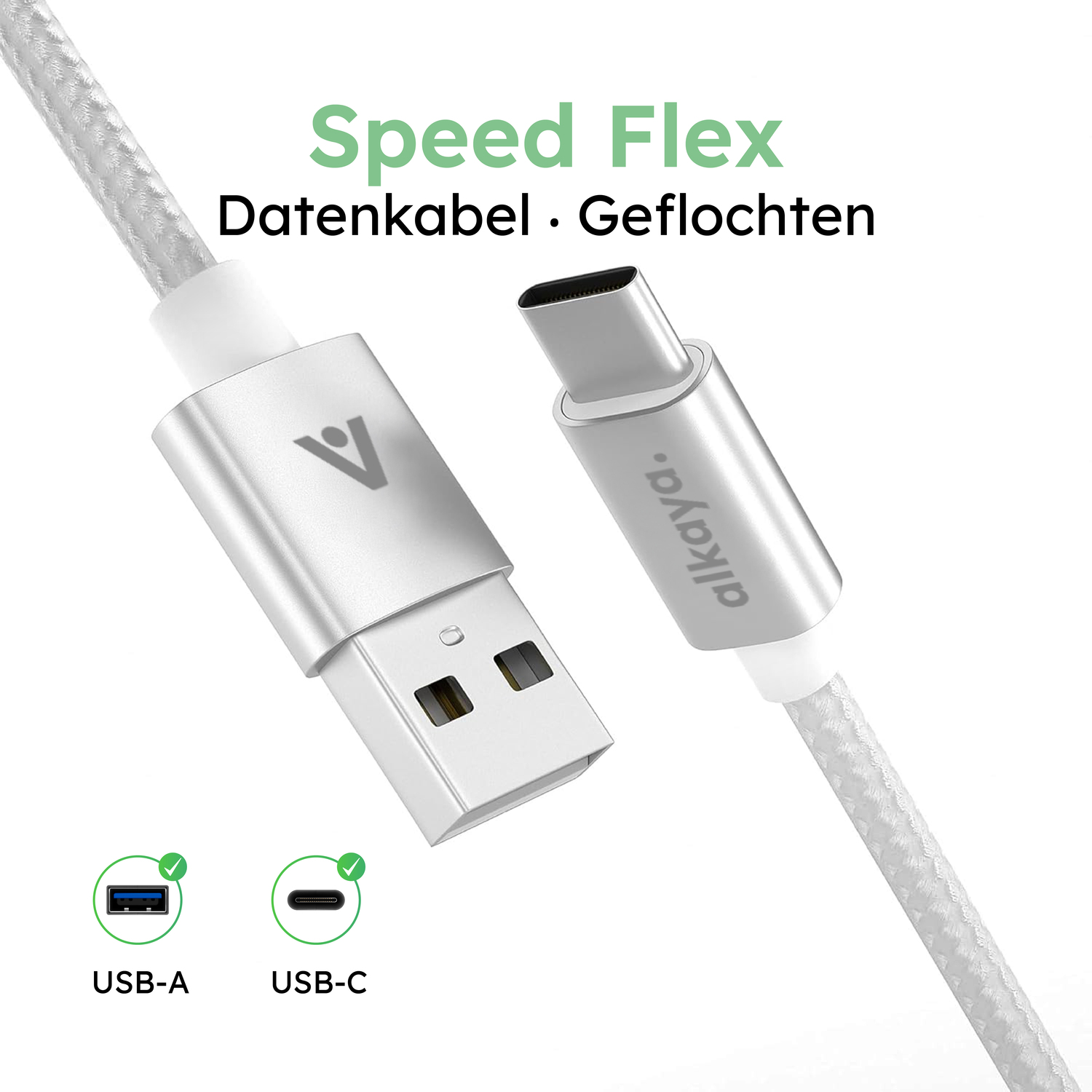 alkaya. | Speed Flex | Datenkabel | Geflochten | USB A+C Weiß, 1 Meter