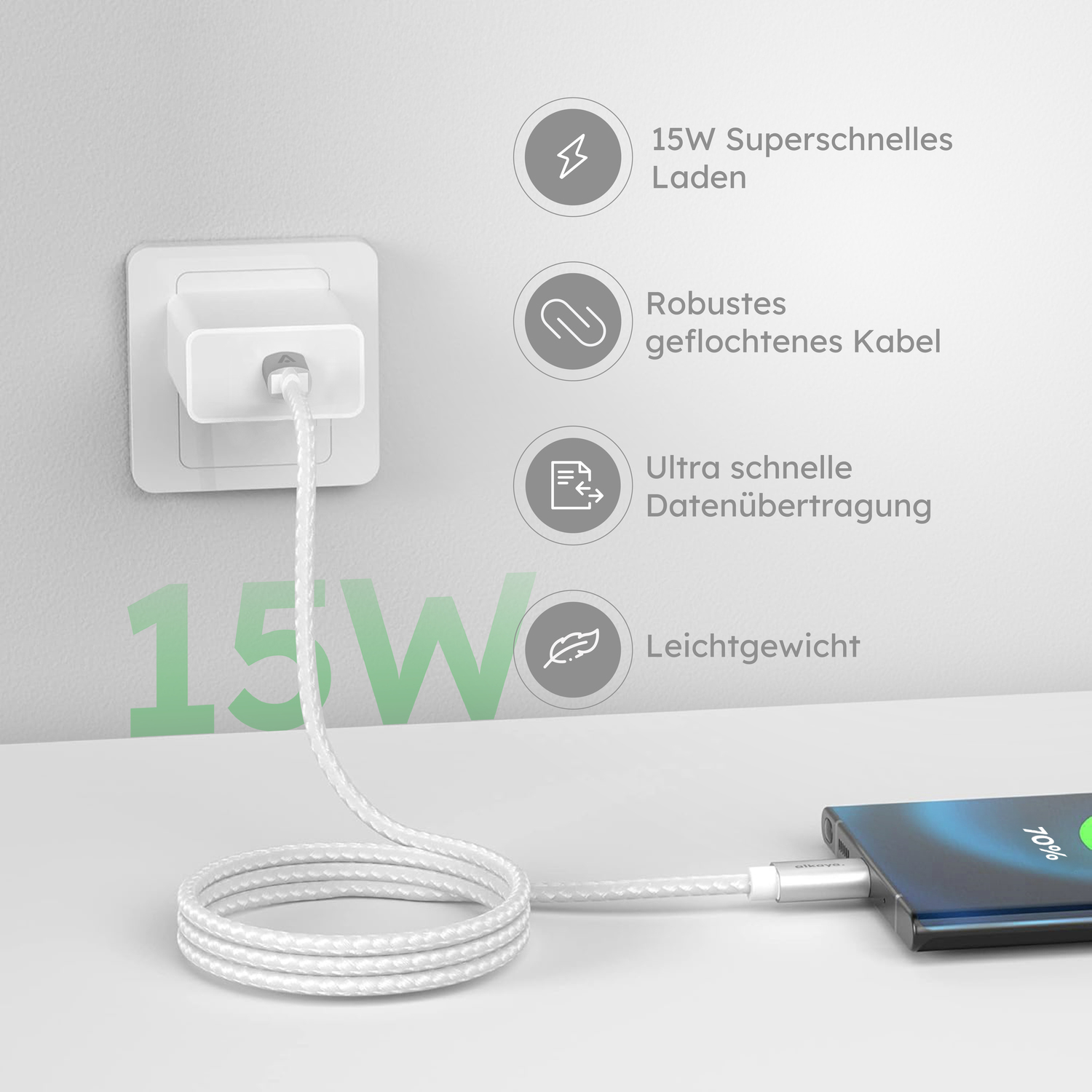 alkaya. | Speed Flex | Datenkabel | Geflochten | USB C+L Weiß, 1 Meter