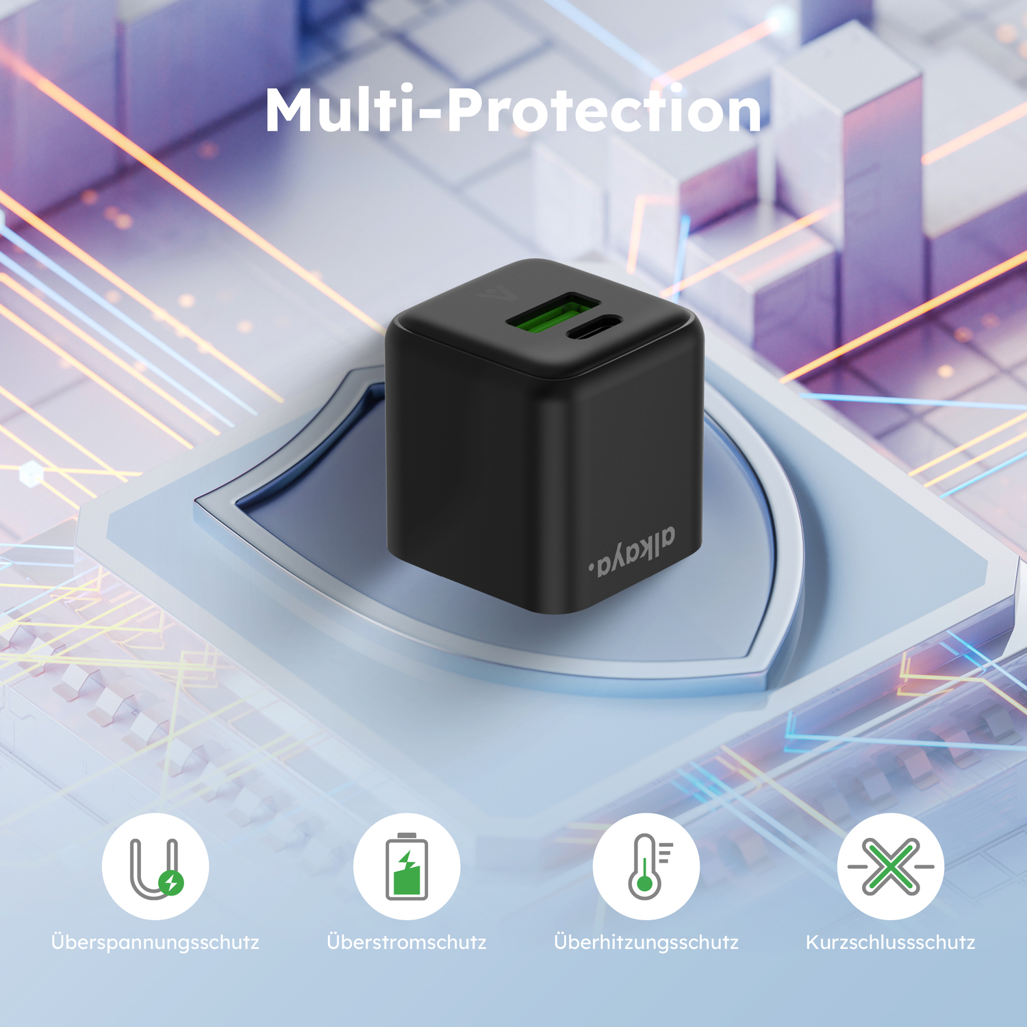 alkaya. | NEXUS | Ladegerät mit GaN Technologie | 20W Schwarz, USB C+A