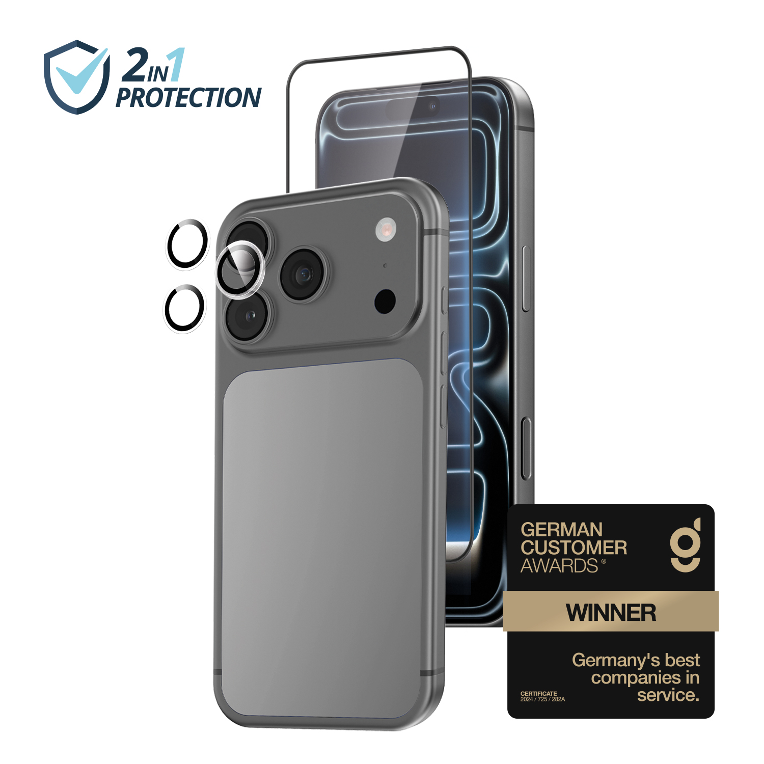 alkaya. | 2 In 1 A Shield | Displayschutzglas + Kameraschutzglas transparent, iPhone 17 Pro Max/18 Pro Max