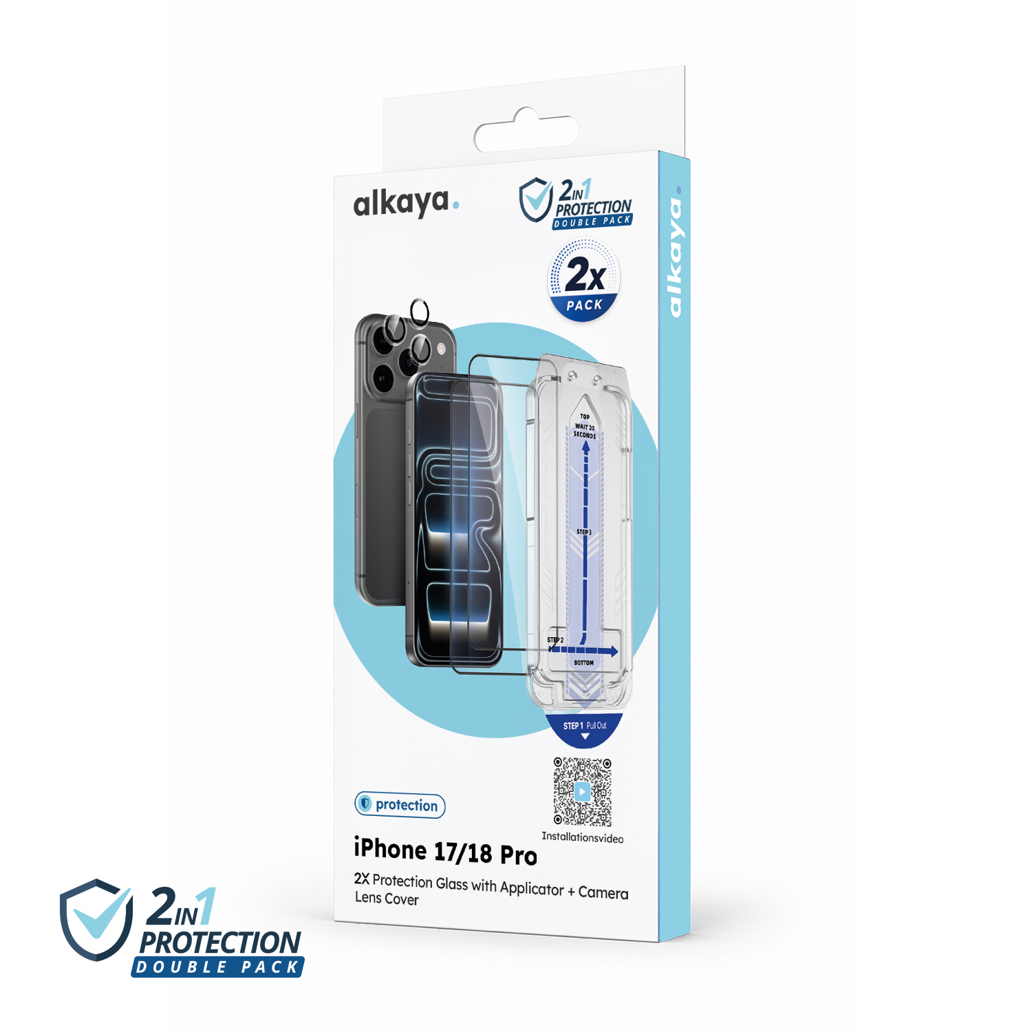 alkaya. | 2 In 1 A Shield | 2x Displayschutzglas mit Installation Kit + 1x Kameraschutzglas, transparent, iPhone 17 Pro/18 Pro