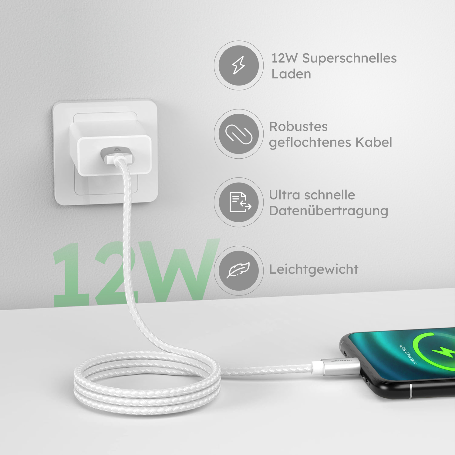 alkaya. | Speed Flex | Datenkabel | Geflochten | USB A+L Weiß, 1 Meter