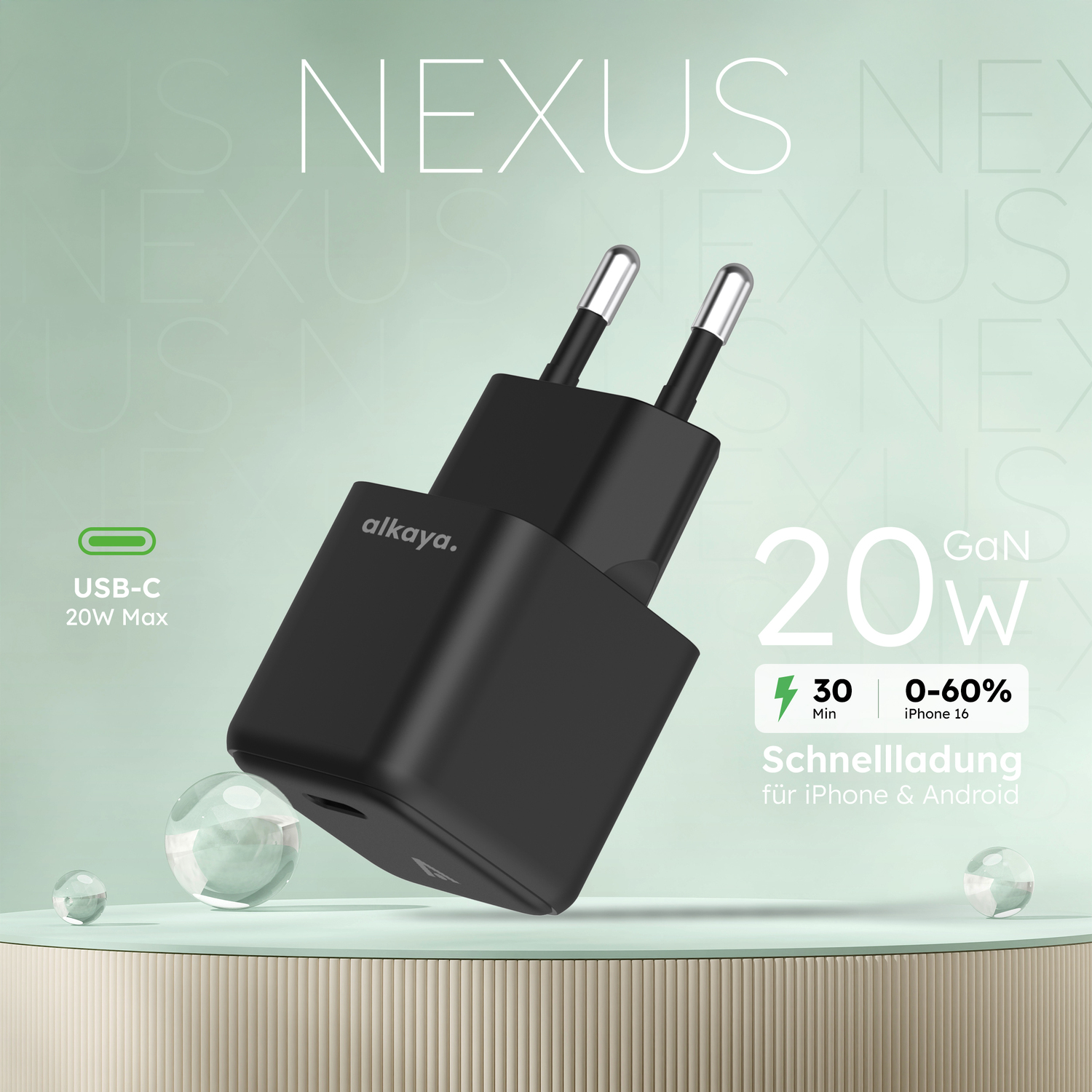 alkaya. | NEXUS | Ladegerät mit GaN Technologie | 20W Schwarz, USB C