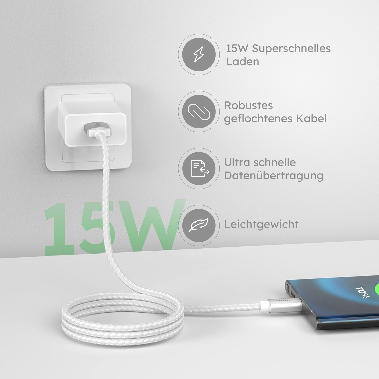alkaya. | Speed Flex | Datenkabel | Geflochten | USB A+C Weiß, 1 Meter
