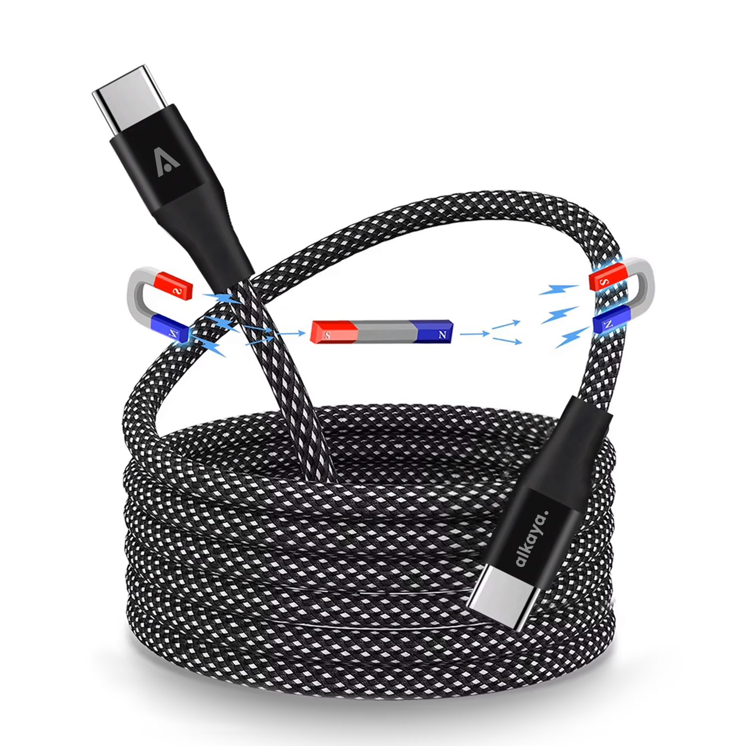 alkaya. | Speed Flex | Magnetisches Datenkabel | Geflochten | USB C+C, schwarz, 1 Meter
